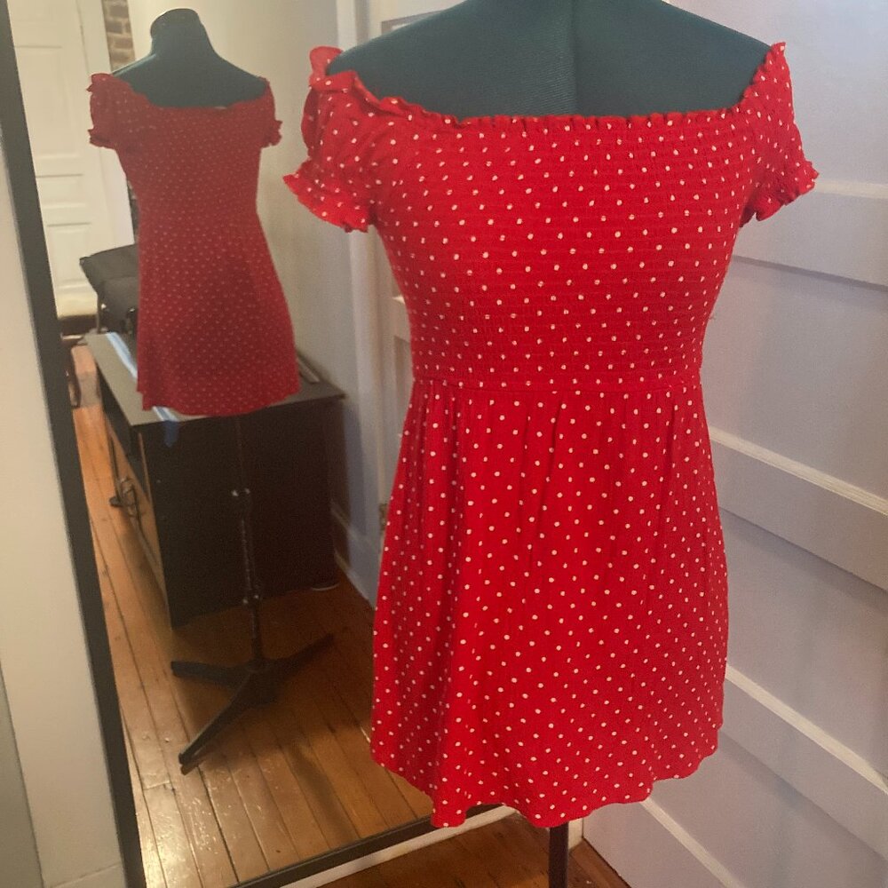 Lightweight red polka dot off shoulder dress